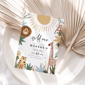 Wild One Birthday Invitation Boy, Safari 1st birthday Invite, Boho Jungle Animal Party Evite, Editable DIGITAL Invite Download a89b
