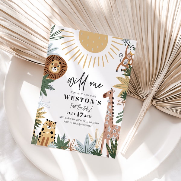 Wild One Birthday Invitation Boy, Safari 1st birthday Invite, Boho Jungle Animal Party Evite, Editable DIGITAL Invite Download a89b