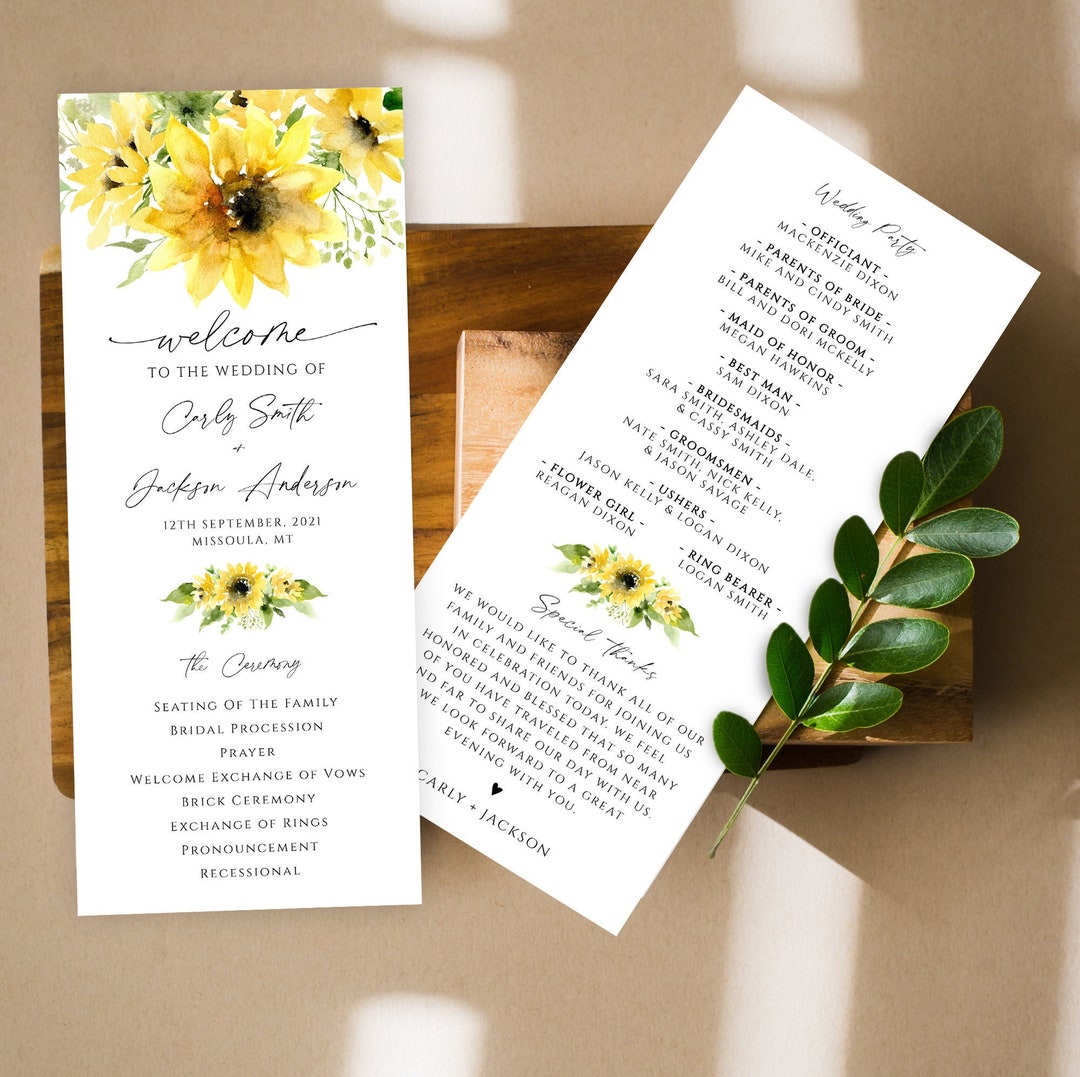 Sunflower Wedding Program Template Order of Service - Etsy