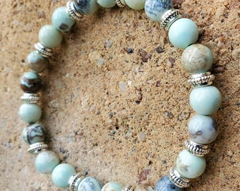 Handmade Blue Terra Agate Bracelet with Silver Tone Beads | Stretch Bracelet for Women | Boho Gemstone Jewelry | Gift for Her