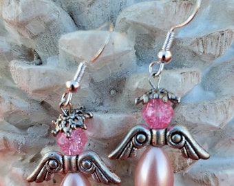 Handmade Light Pink Beaded Angel Earrings