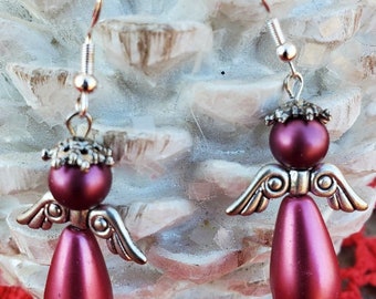 Handmade Large Dark Pink Beaded Angel Earrings