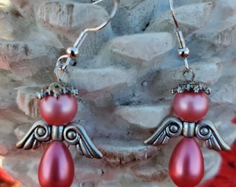 Handmade Pink Beaded Angel Earrings with Hypoallergenic 925 Silver-Plated Copper Hooks