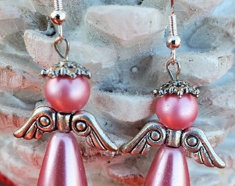 Handmade Large Light Pink Beaded Angel Earrings