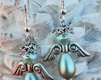 Handmade Mint Green Beaded Angel Earrings