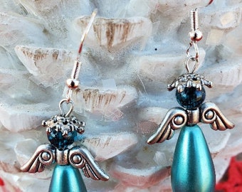 Unique Handmade Aqua Beaded Angel Earrings with Hypoallergenic 925 Silver-Plated Copper Hooks