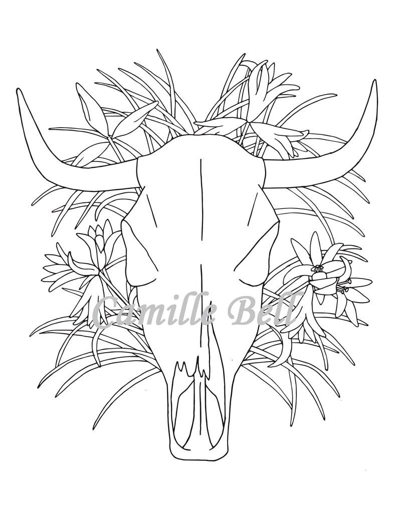 Cow Skull Coloring Page Adult Coloring Page Download Desert | Etsy