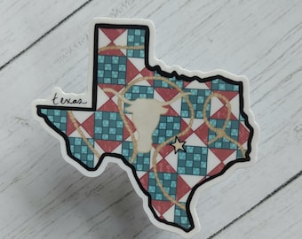Texas Longhorn Quilt State Sticker, Waterproof Vinyl Sticker, United States Gift, Texas Laptop or Bumper sticker, Travel Luggage Decal