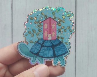 Turtle with house glitter sticker, bumper sticker for girl, turtle gift for her, adorable turtle lover gift, waterproof water bottle sticker