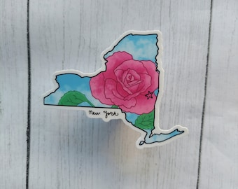 Klistermärke med delstaten New York, reseklistermärke med USA, laptopklistermärke med ros från NYC, souvenir med blomma från delstaten New York, present till delstaten New York