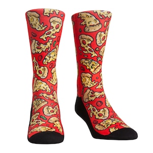 May include: A pair of red socks with a pizza print. The socks are black at the toes and heels.