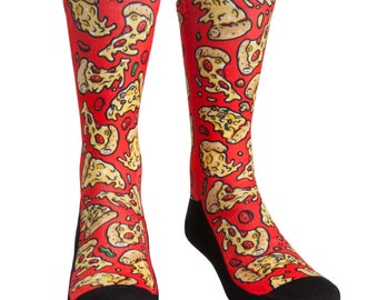 May include: A pair of red socks with a pizza print. The socks are black at the toes and heels.