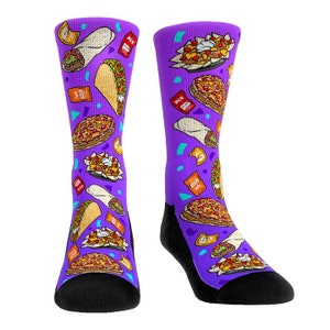 May include: A pair of purple socks featuring a repeating pattern of Mexican food, such as tacos, burritos, and nachos. The socks have black heels and toes, with teal and yellow geometric shapes scattered across the design.