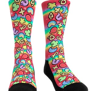 May include: A pair of colourful socks with a rainbow background and a variety of fun, whimsical designs. The socks are made of a soft, comfortable material and are perfect for adding a touch of personality to any outfit.