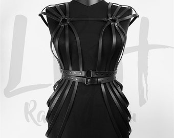 Fashionable Black Leather Harness with Dual Waist Belt