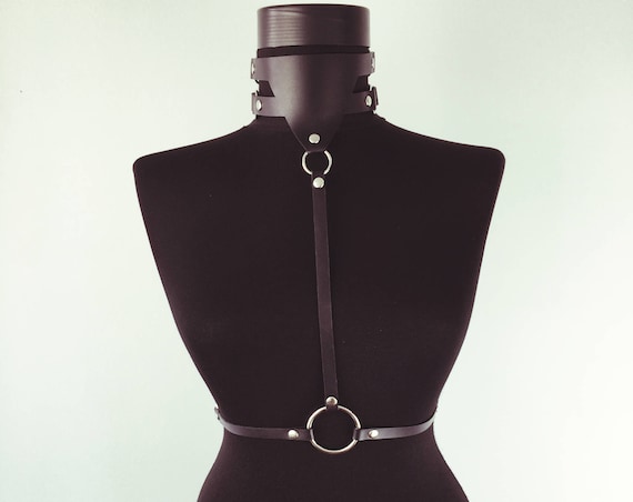 Sexy choker collar with waist belt,Wide leather collar with straps ,Harness leather collar,Leather neck choker,Sexy collar necklace