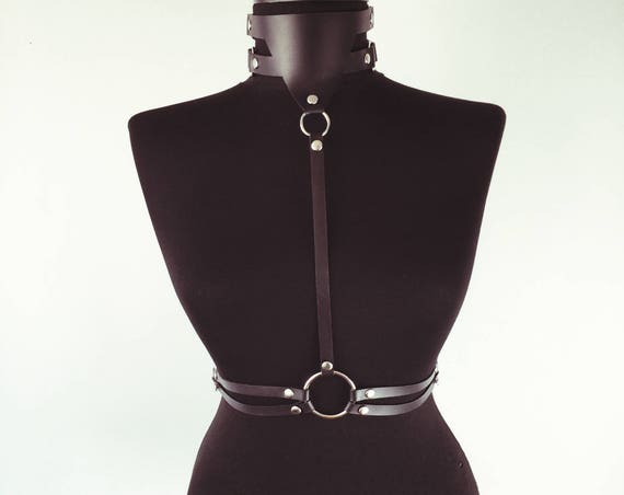 Punkchocker with double waist belt,Leather Women Choker,Leather Choker gift,Leather Necklace Ring,Women gift choker,Collar leather harness