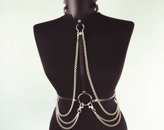 Sexy choker harness with chains,Provocative harness with choker, Sexy choker body harness, Bdsm harness leather choker,Leather harness,Harne