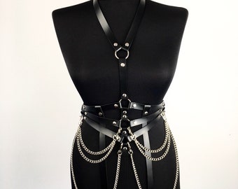 Black Leather Harness with Chains and Hanging Strips