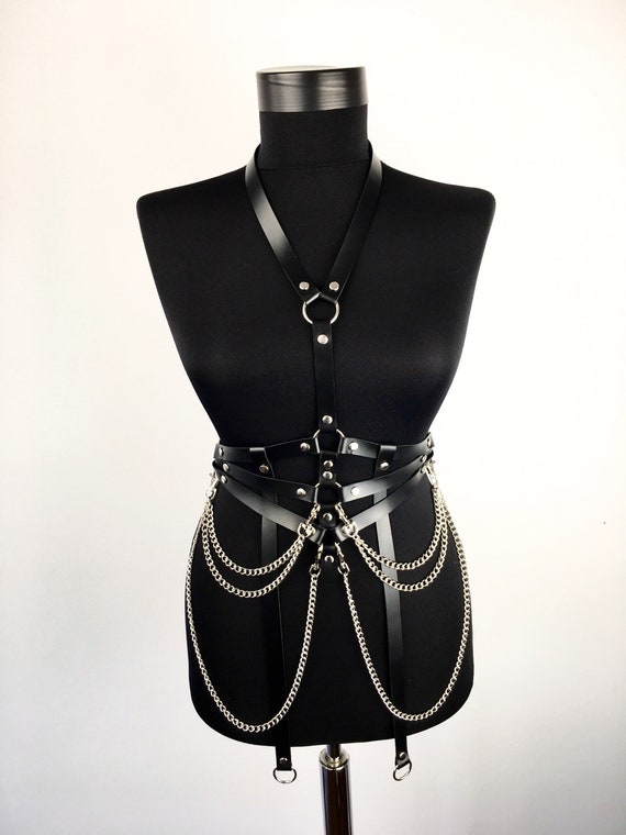 Black Leather Harness with Chains and Hanging Strips