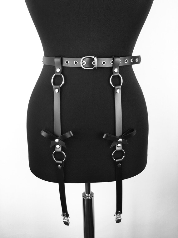 Black Leather Belt with Bow Garters