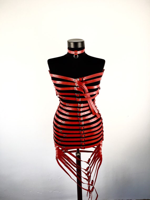 Red Leather Strapless Dress with Horizontal Bands