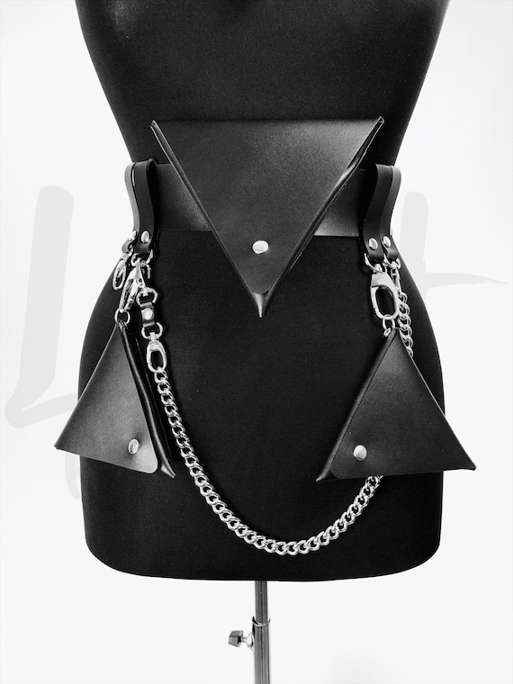 Black Leather Belt with Triangle Bum Bag and Hanging Pouches