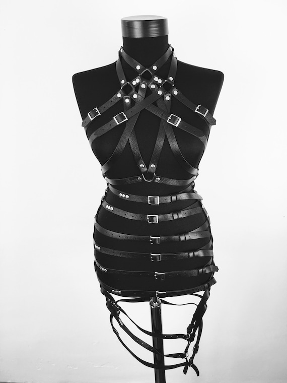 Black Leather 2-Piece Full Body Harness and Skirt Set