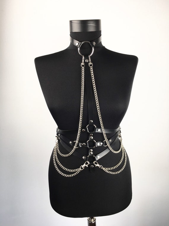 Handmade Black Leather Harness with Hanging Chains