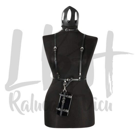 Leather Harness with Integrated Phone Holder - Black Leather Harness with Attached Phone Case