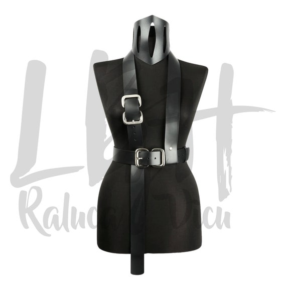 Black Leather Asymmetric Double Buckle Waist Belt