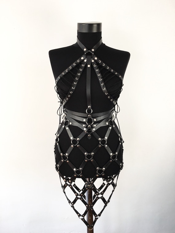 Edgy Black Leather Full Body Harness with Laced Upper and Unique Rhomboid Skirt