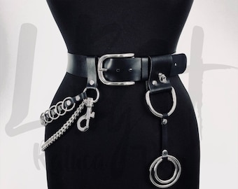 Black Leather Belt with Chains and O Rings