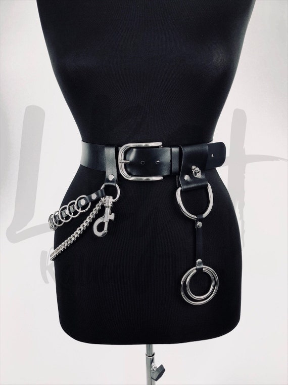 Black Leather Belt with Chains and O Rings