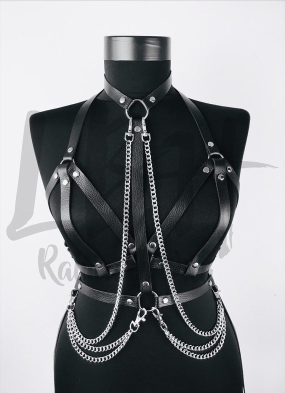 Fashionable 2 Piece Leather Harness and Open Bra Set