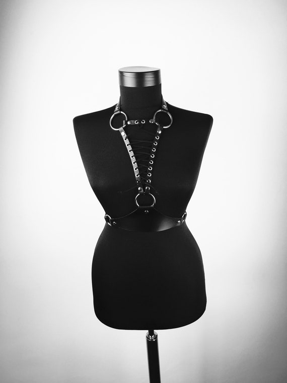 High-Quality Black Leather Harness with O-Rings and Lace Detail