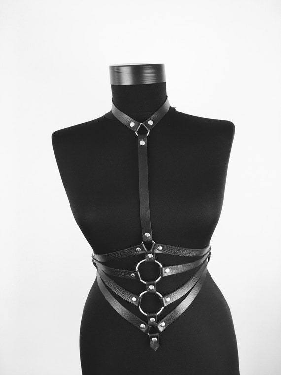 Edgy Black Leather Harness with Waist and Neck Straps