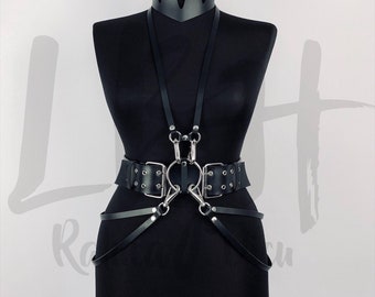 Leather Double Buckle Belt with Carabiner and Side Hanging Strips