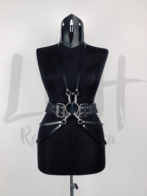 Leather Double Buckle Belt with Carabiner and Side Hanging Strips