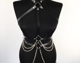 Black Leather Full Body Harness with Edgy Hanging Chains