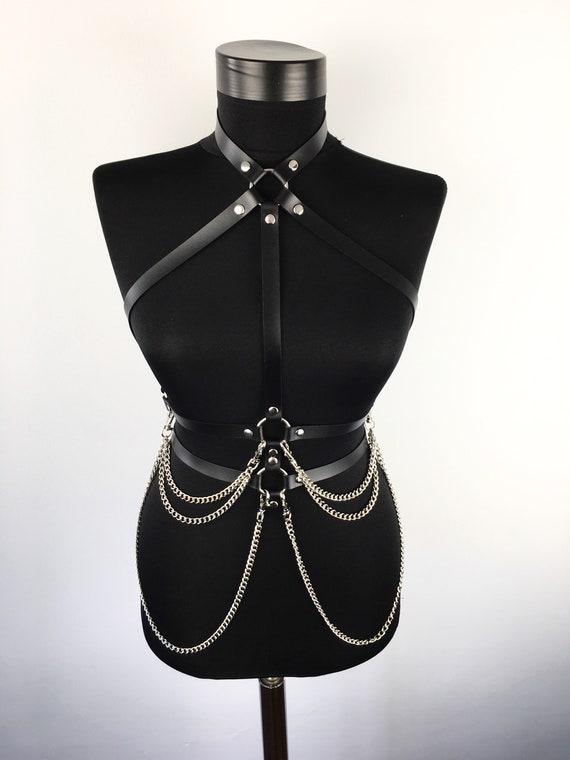 Black Leather Full Body Harness with Edgy Hanging Chains