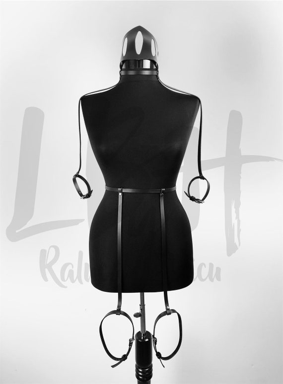 Versatile Black Leather Waist Belt with Foot & Hand Garters