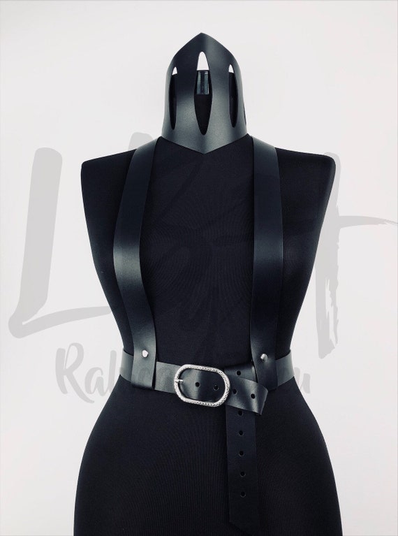 Leather Suspenders with Oversized Waist Belt, Leather Suspender, Body Harness, Chest Harness, Accessorized Black Belt,Leather Accessory Gift