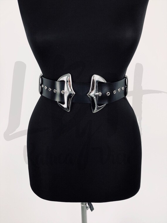 Top Quality Dual Buckle Leather, Black Belt with Silver Buckles, Genuine Leather Belt with Metal Eyelets and two buckles, Luxury Belt fo Her