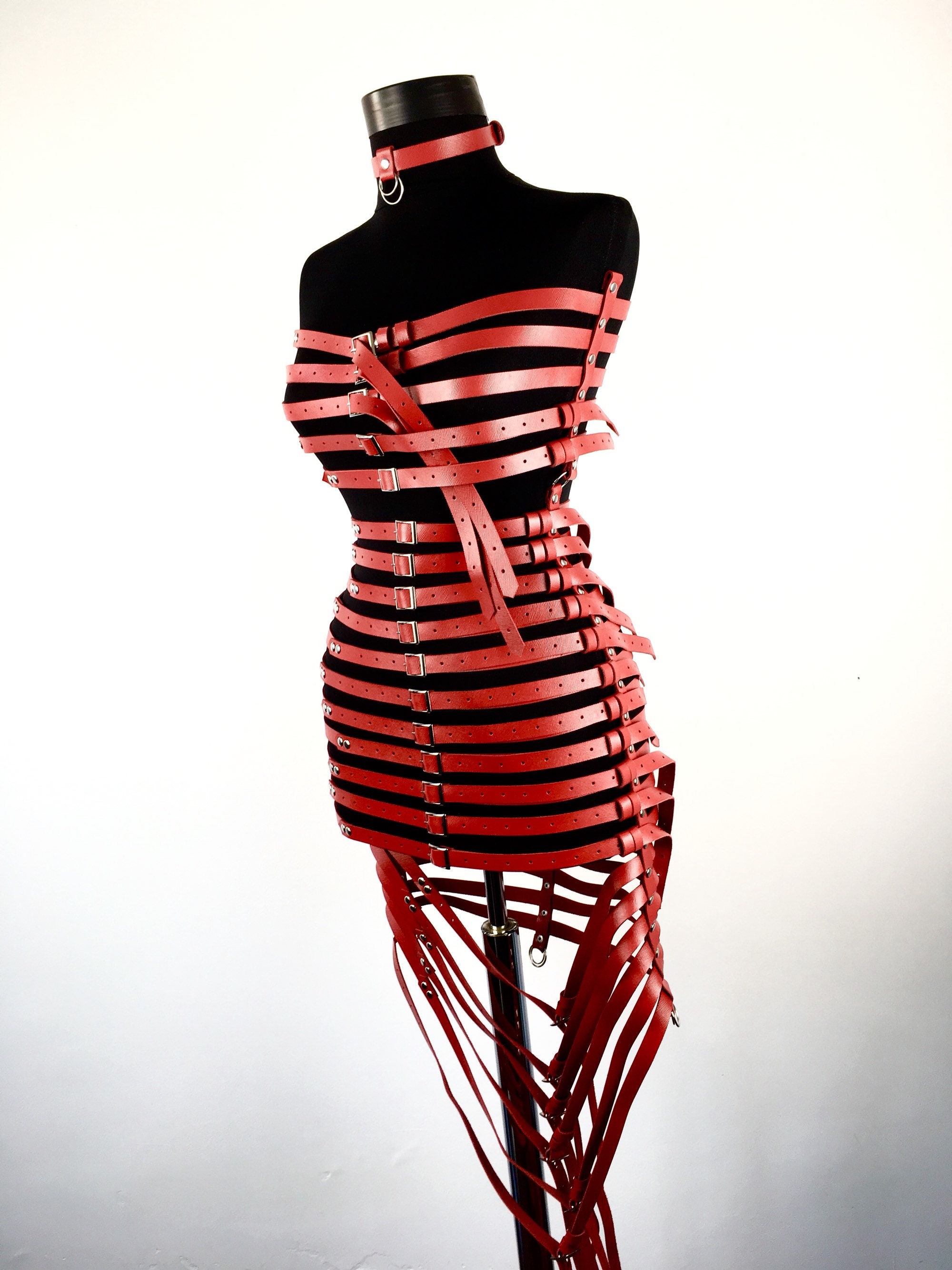 Full body harness dress, Red leather dress, Women cage dress, Harness ...