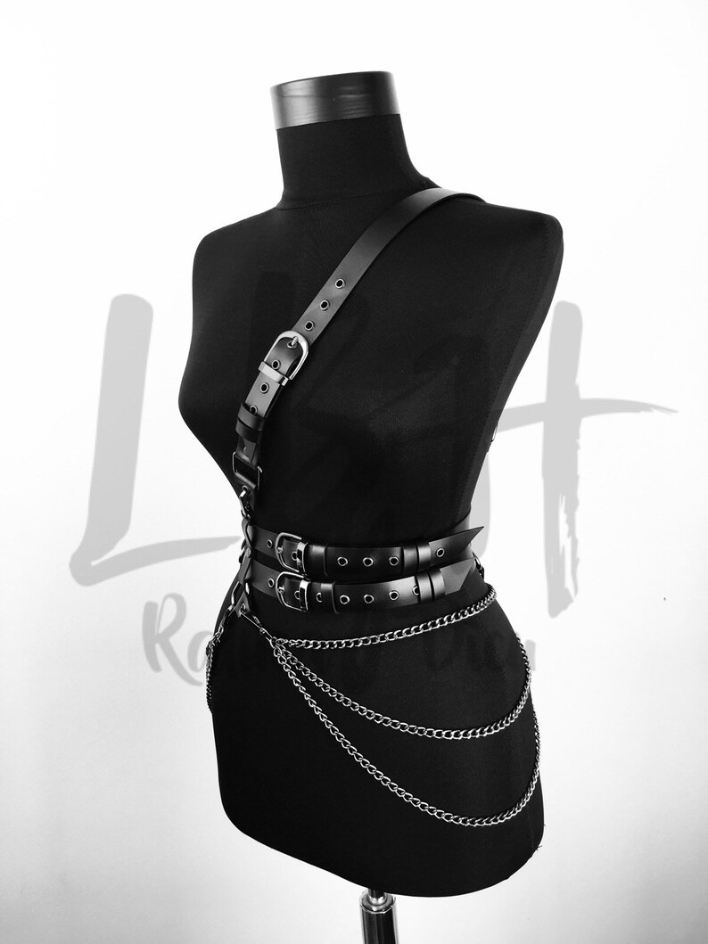 Black Leather Waist Belt With Chains Body Belt Gift Leather Etsy