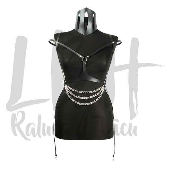 Handmade Black Leather Harness with Chic Waist Belt, Chains and Thin Shoulder Straps