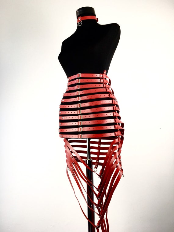 Red leather harness skirt,Women cage dress,Harness leather skirt,Strappy leather skirt, Harness straps dress,Dress harness, Leather red skir