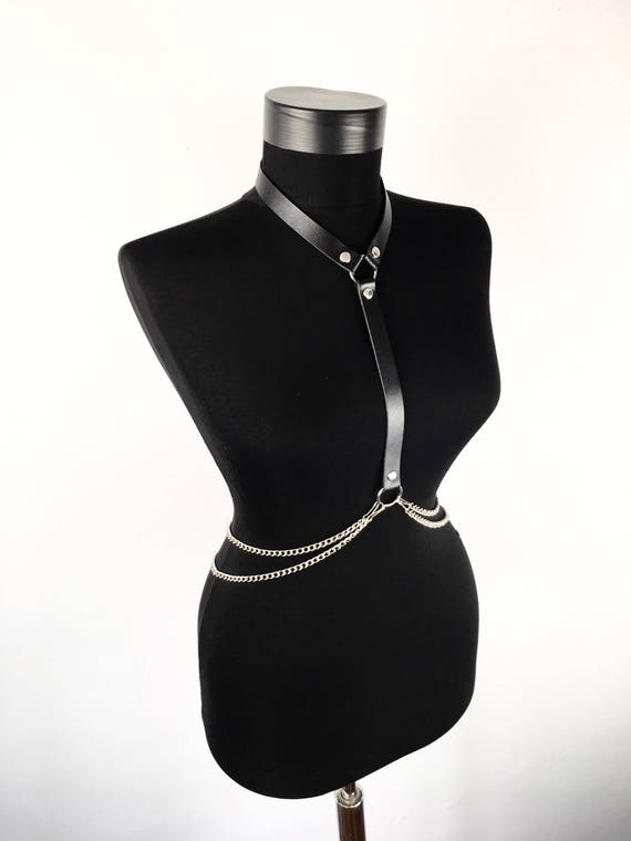 Minimalist Black Leather Harness with Waist Chains