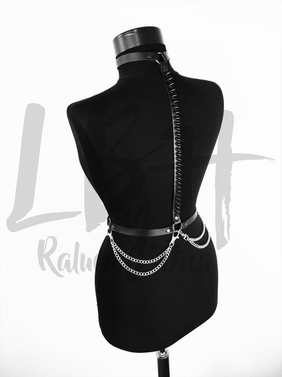 Goth Black Leather Harness with Chains and Spikes